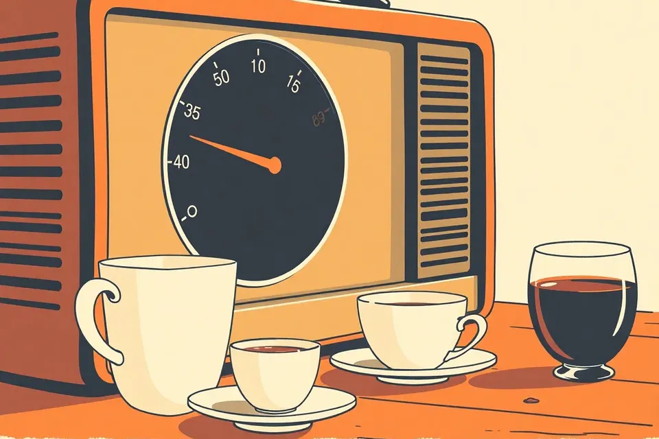 A vintage radio dial with a blue glow, a coffee cup, and a wine glass on a wooden table in a cozy cafe.