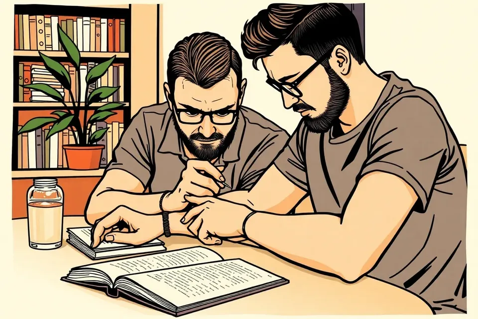 Illustration of a tattoo artist working on a client's arm at a cafe table, with an open book nearby and bookshelves in the background.