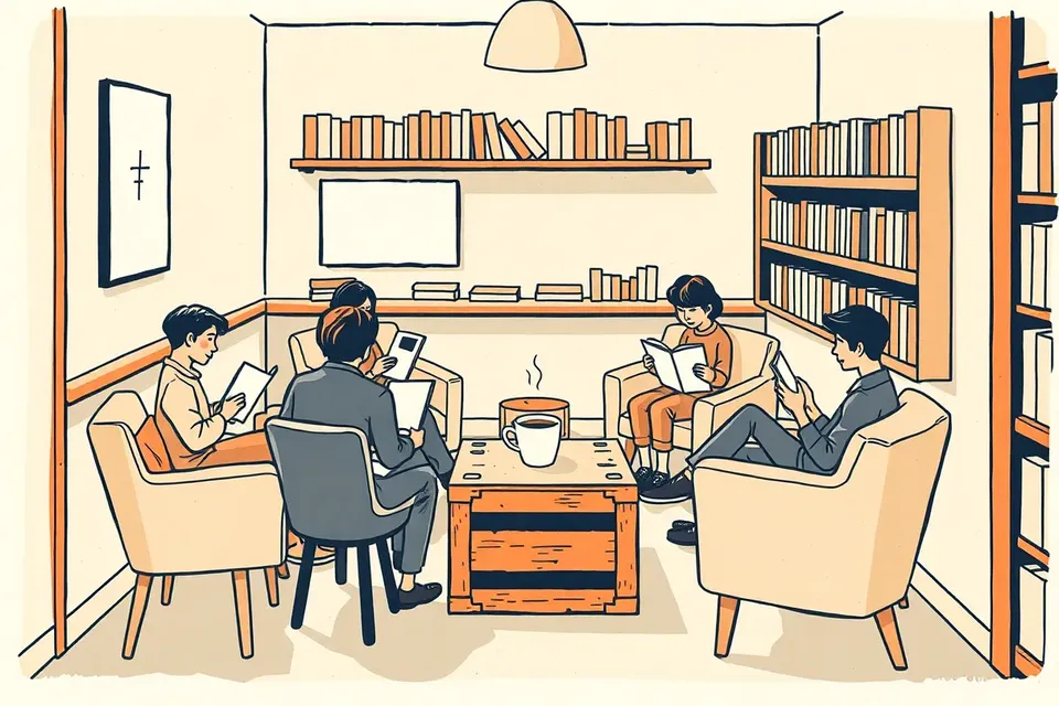 A wide view of a casual book club meeting in a cozy cafe, with people sitting in a circle holding books and talking.