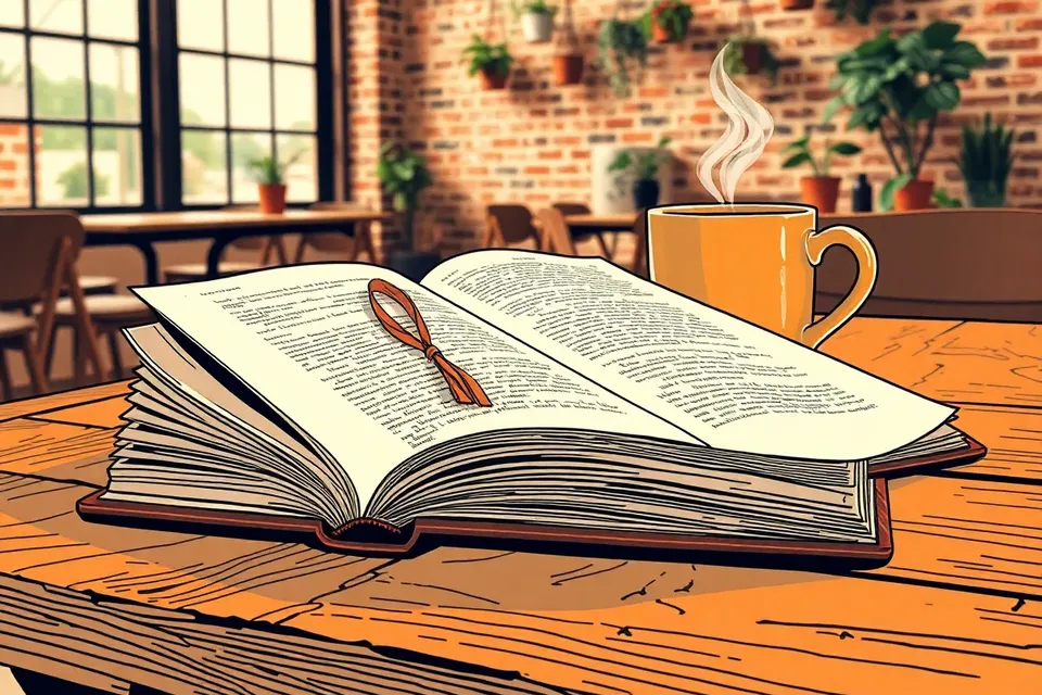 An open book with a ribbon bookmark on a wooden table, a steaming mug of tea beside it, in a cozy café setting with blurred background.