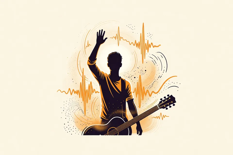 A silhouette of a person with raised hand against a hazy magenta light, with a guitar neck visible in the foreground, evoking a dreamy concert atmosphere.