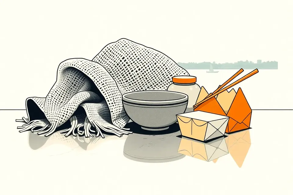 A still life arrangement on a polished concrete surface with a draped woven textile over a ceramic bowl, a small beauty jar, and a folded paper food container with chopsticks, reflecting the river.