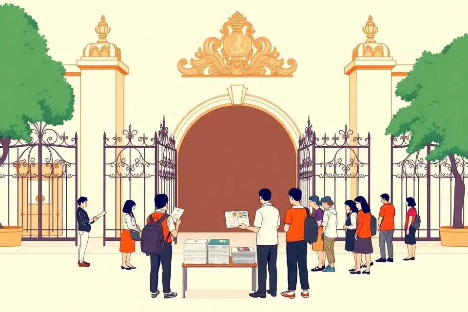 A wide view of the Royal Thai Embassy in Mexico, with a small queue of fans and a table displaying merchandise under an archway.
