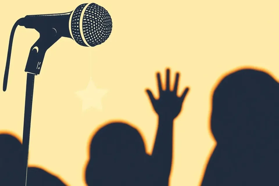 Close-up of a microphone stand with a hanging paper star, illuminated by blue stage light, with blurred silhouettes of audience hands in the background.