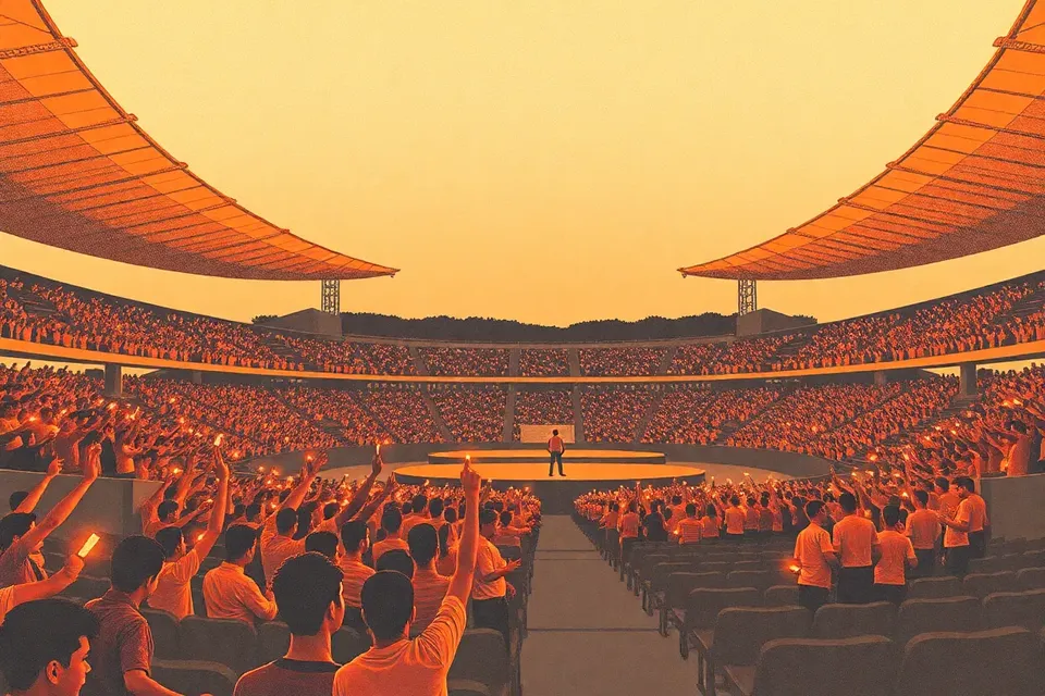 A wide view of a large stadium at dusk, filled with small figures holding glowing lightsticks, with a distant stage and a single performer.