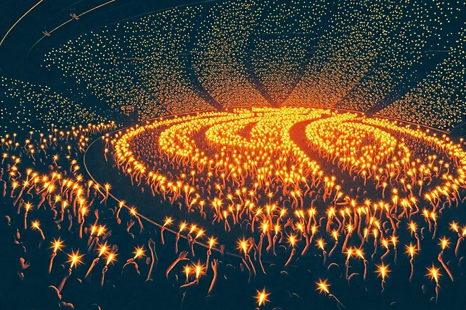An overhead view of a concert crowd in a large arena, with numerous glowing lightsticks creating a starry pattern against the dark audience.