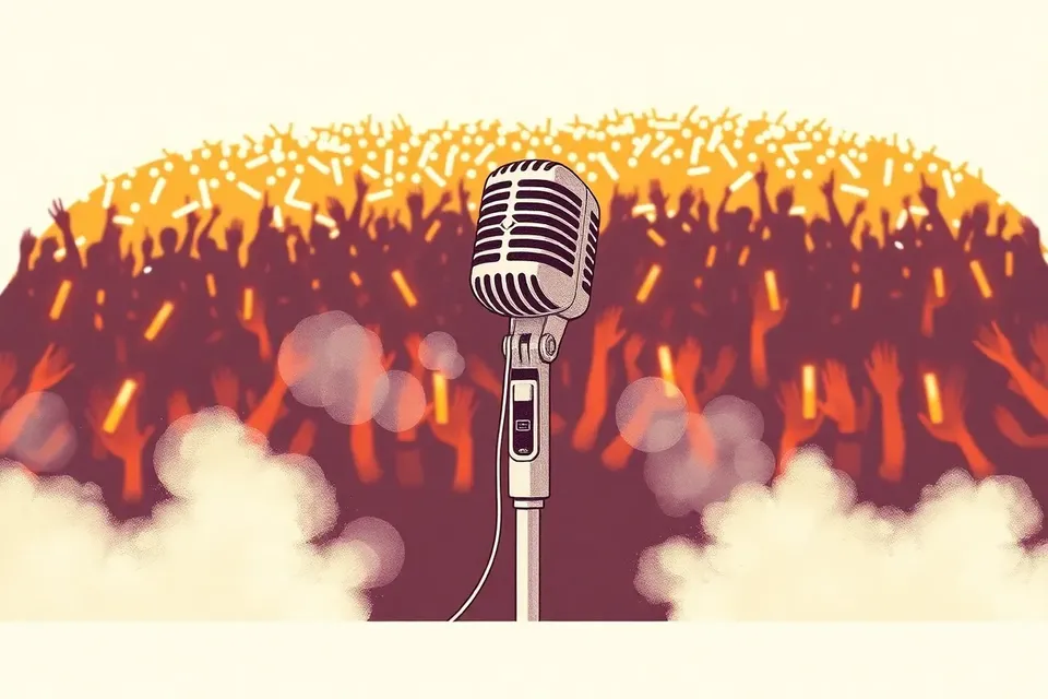 A microphone on stage with dramatic lighting and haze, surrounded by silhouettes of an excited crowd with light sticks.