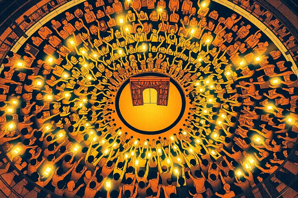 An overhead view of a concert arena filled with a crowd of fans, their raised hands and light sticks creating a vibrant pattern around a central stage shaped like a door.