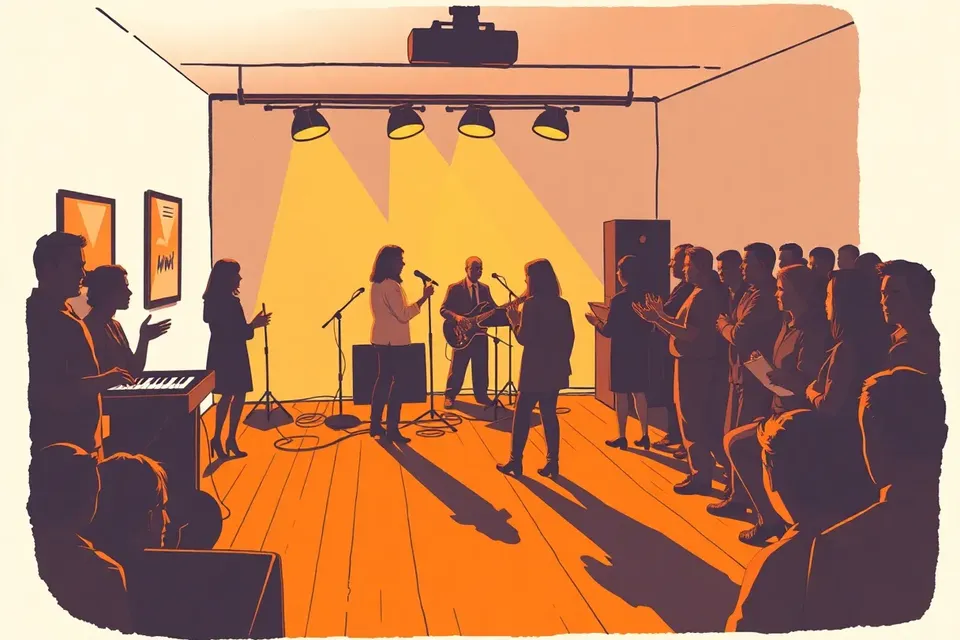 A dimly lit live music venue with a small stage, a three-member band performing to a close crowd of silhouetted listeners, warm stage lights creating a cozy, intimate atmosphere.