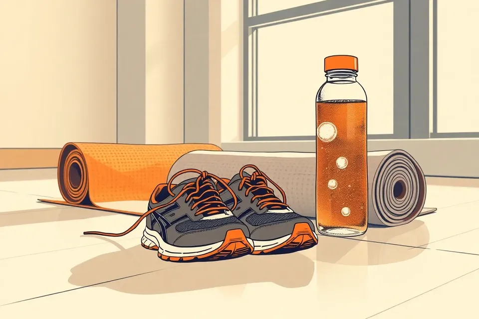 A still life of running shoes, a yoga mat, and a water bottle on a gym floor in soft morning light.