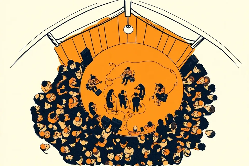 Overhead view of a music gig at Brownstone, showing a circular stage with four musicians and instruments, surrounded by a crowd of figures, with exposed beams and a hanging light.