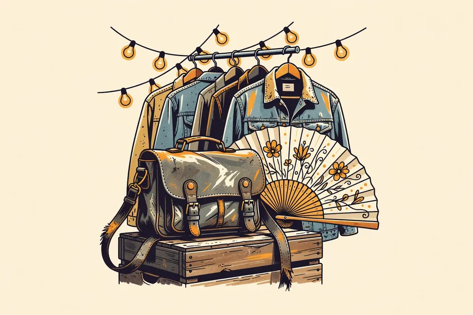 Close-up of a vintage leather camera bag on a wooden crate, with a string of bulbs illuminating a rack of denim jackets and a hand-painted paper fan.