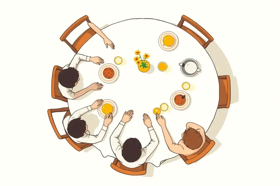 Overhead illustration of a brunch table at Seenspace with pastries, juice glasses, and a pottery painting activity, featuring stylized figures and warm tones.