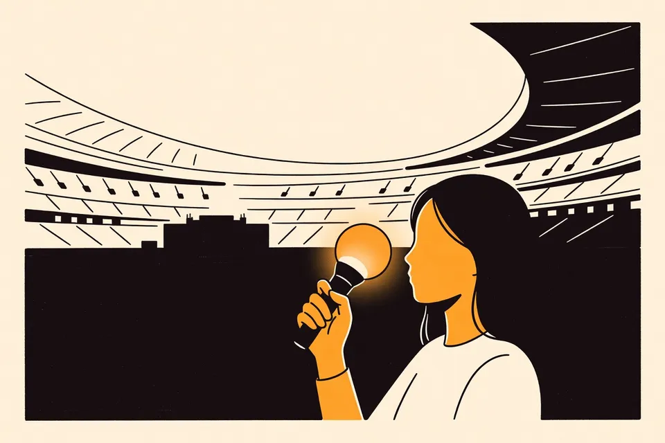 A close-up of a person holding a glowing purple light stick in a dark stadium, with the curved upper deck and distant stage visible in the background.