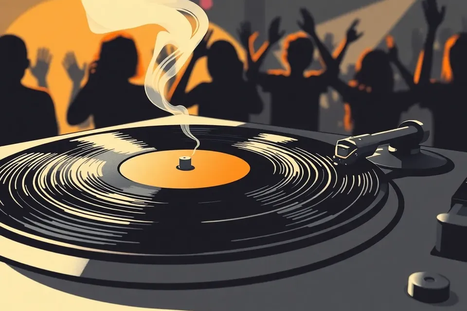 A close-up of a vinyl record on a turntable in a dark club, with smoke and silhouetted dancers in the background.
