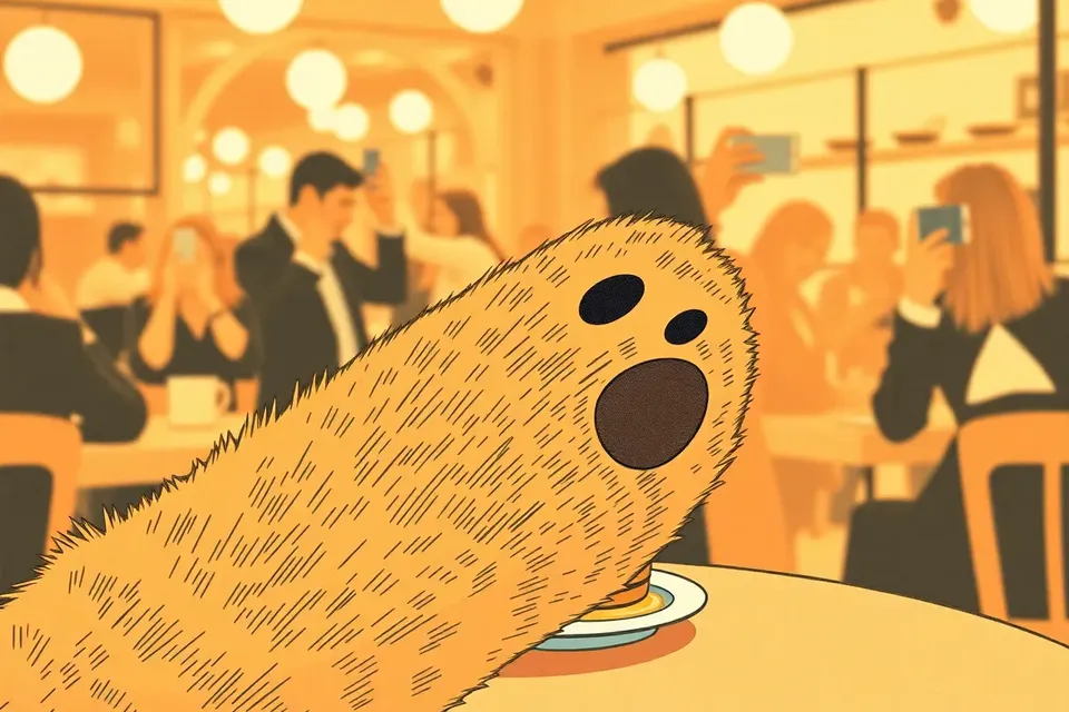A close-up of a large, plush bear paw reaching toward a small honey pot on a cafe table, with blurred cafe background and hands holding phones.