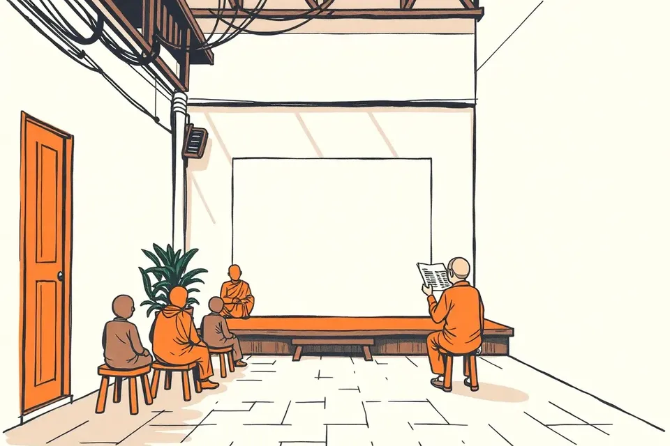 A wide view of a quiet Bangkok courtyard with a low stage, a few seated figures, and a person holding a calendar, with incense smoke and shadows of monks on the wall.