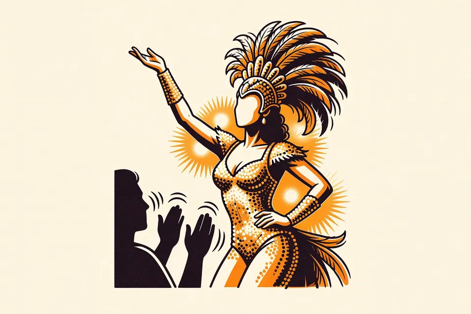 A sequined performer in a feathered headdress poses on stage, with a silhouetted audience member clapping in the foreground.