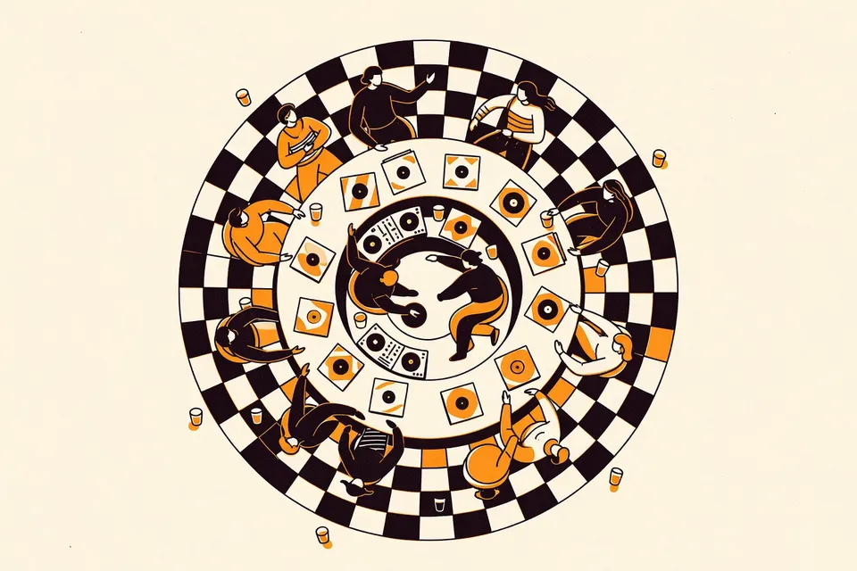 Overhead view of a circular bar with records and a mixer on the counter, surrounded by abstract figures. Floor tiles form concentric arcs, with scattered glasses.