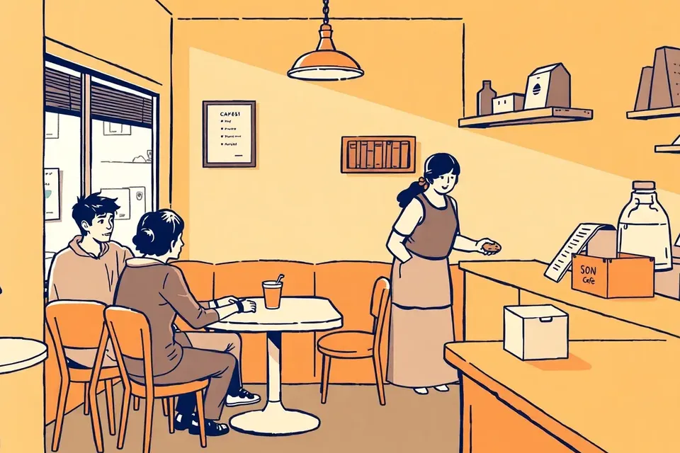 A cozy cafe interior with a few people seated at tables, holding drinks and small merchandise, a barista offering a cookie, and a lucky draw box on the counter.