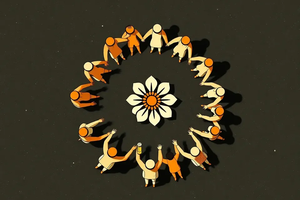 An overhead view of a group of people in a circle, toasting with raised glasses, around a central floral emblem on a dark surface.