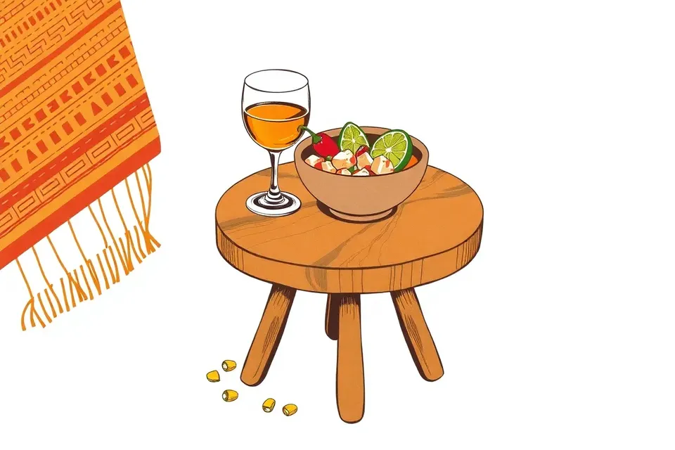 A still life arrangement on a wooden table: a glass of pisco, a bowl of ceviche with lime and chili, a woven textile, and scattered corn kernels, evoking Peruvian flavors.