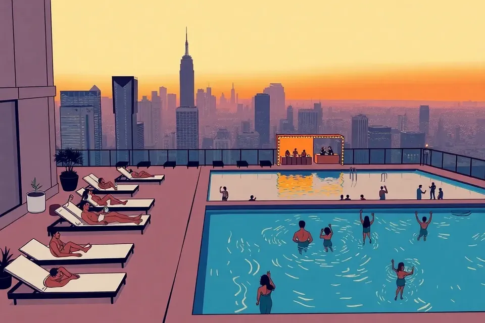 A wide view of a rooftop pool party at dusk, with the city skyline in the background. People are scattered around the pool, some in the water, others on loungers, and a DJ booth is visible at the far end.