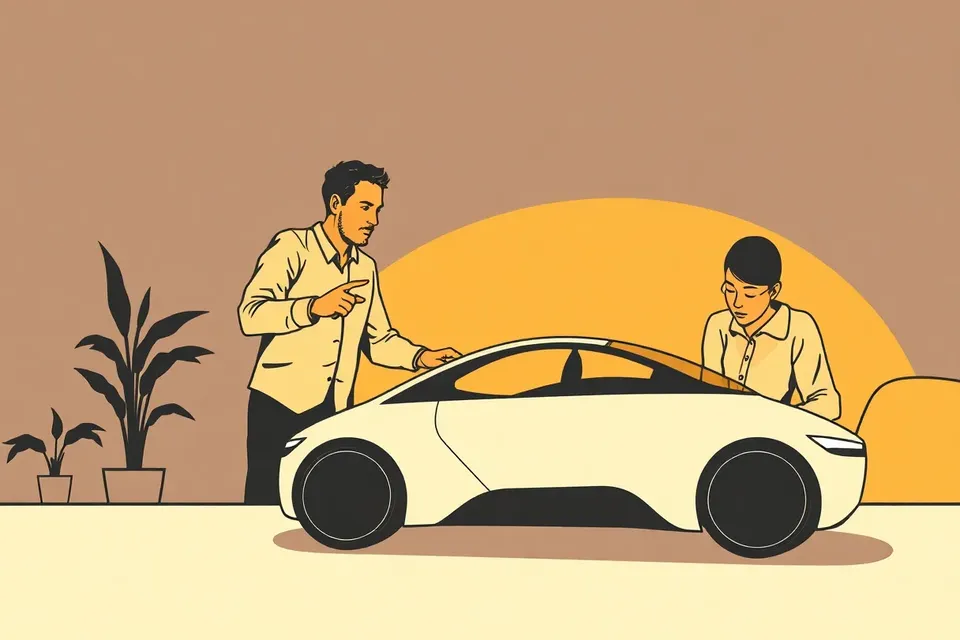 Two people in a dimly lit room, one pointing at a car model on a table, the other observing, with a laptop glowing nearby.