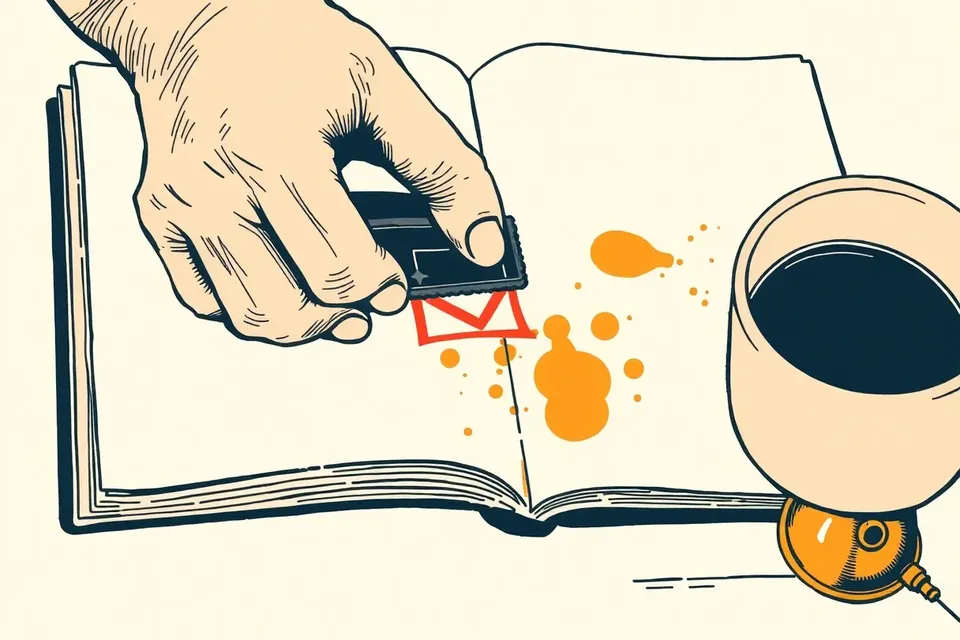 Close-up of a hand stamping a journal on a café table, with a coffee cup and bell nearby; ink stains suggest past stamps.