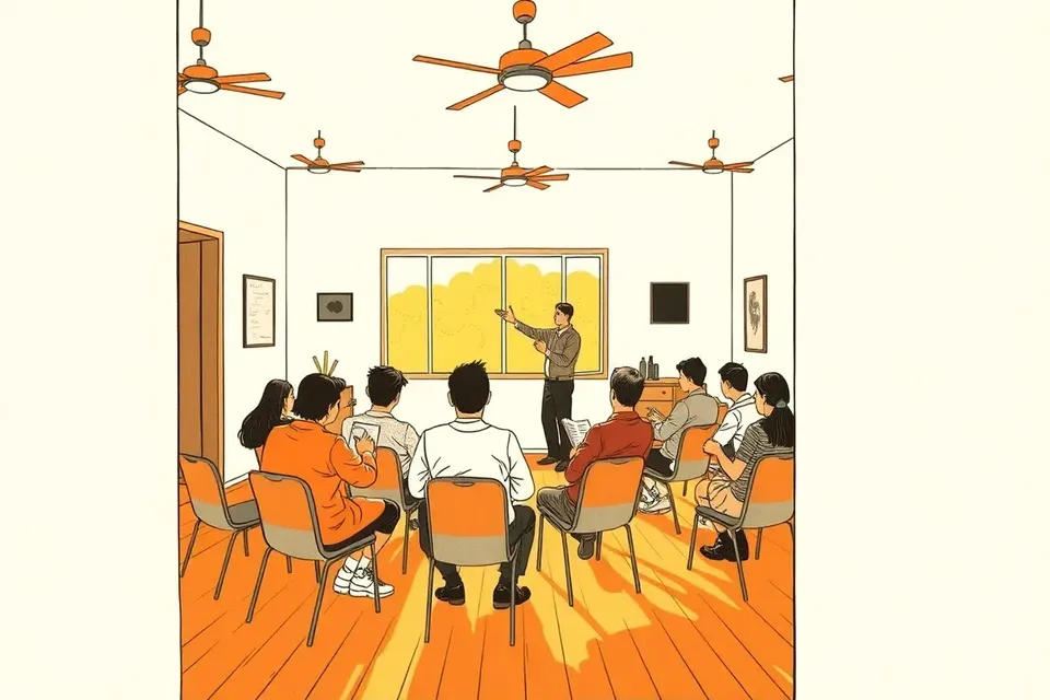 A wide view of a quiet, high-ceilinged room with ceiling fans. A small group of people sit in a circle of chairs, one standing near a window gesturing at a laptop. Notebooks are open, and the mood is serious and attentive.