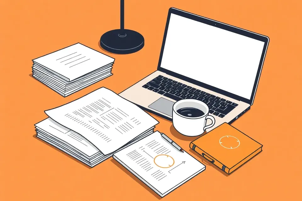 A still life arrangement on a desk with a laptop, printed papers, a coffee cup, and a notebook with a pen, evoking a professional workshop setting.