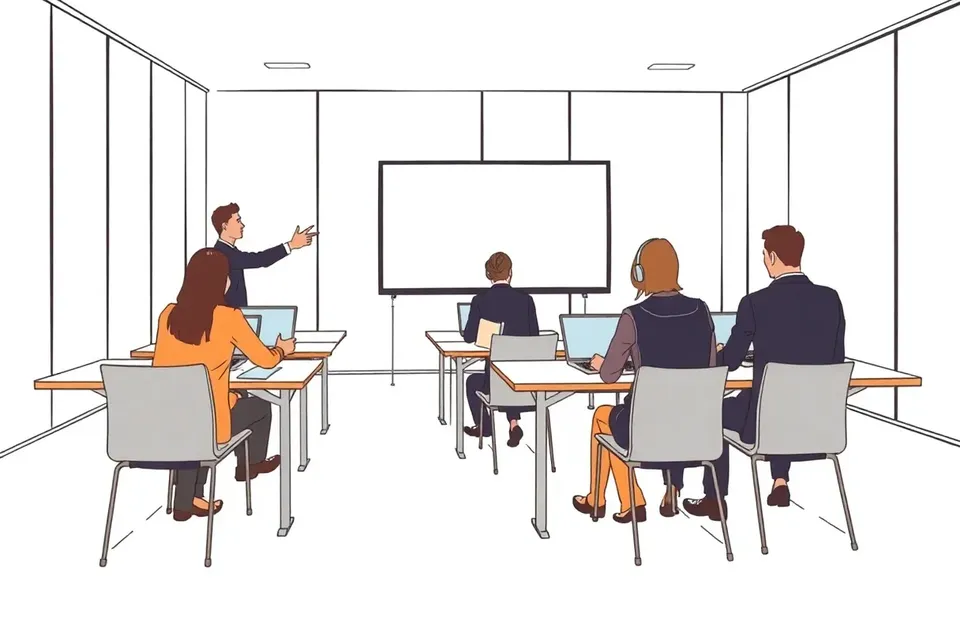 A bright, modern training room with glass walls, where a small group of professionals sit at desks with laptops, facing a large screen, one person gesturing while others take notes.