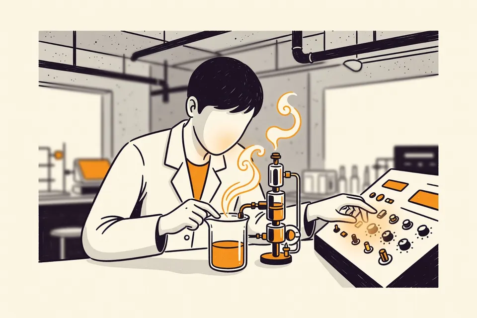 A student in a lab coat examines a glass beaker with steam rising from a miniature distillation column, while another hand adjusts a control panel with dials and switches.