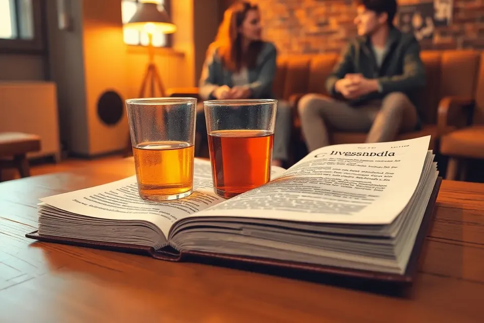A close-up of an open Russian book on a wooden table with a glass of iced tea, blurred figures chatting in a cozy, industrial-style venue.