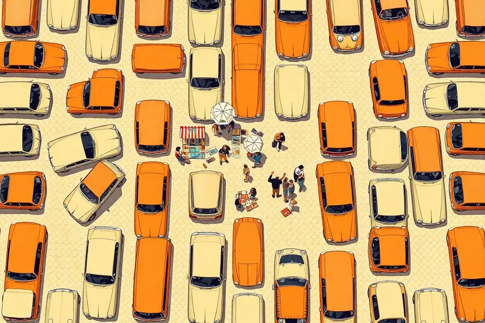 An overhead view of a car market with classic cars arranged in a grid, surrounded by market stalls and people, creating a patterned scene.