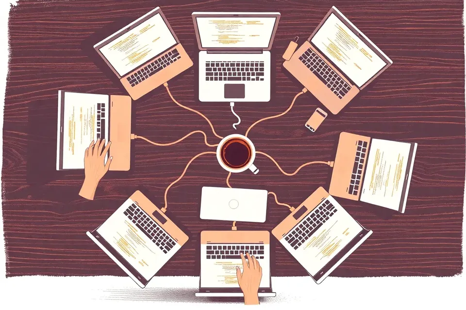 Overhead view of a workshop table with laptops arranged in a circle, hands typing, and a coffee cup in the center.