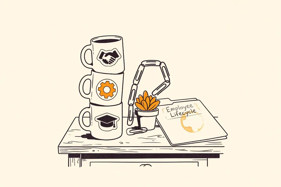 A still life of three office mugs with HR stickers, a paperclip chain, and a succulent on a wooden desk, with a coffee-stained manila folder.