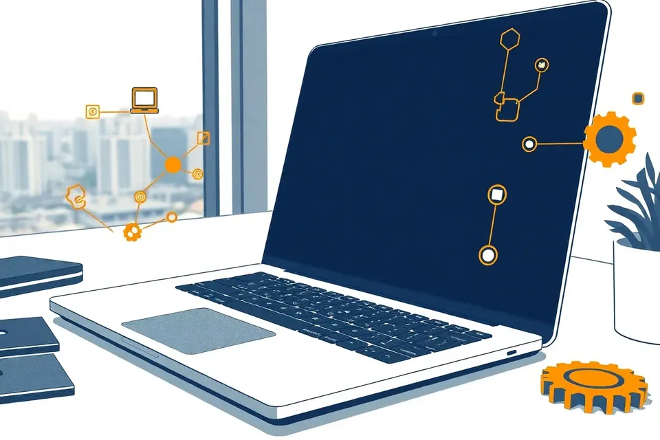 A close-up of a laptop keyboard with a glowing cursor, surrounded by abstract flowchart icons and gears, with a blurred Bangkok skyline in the background.