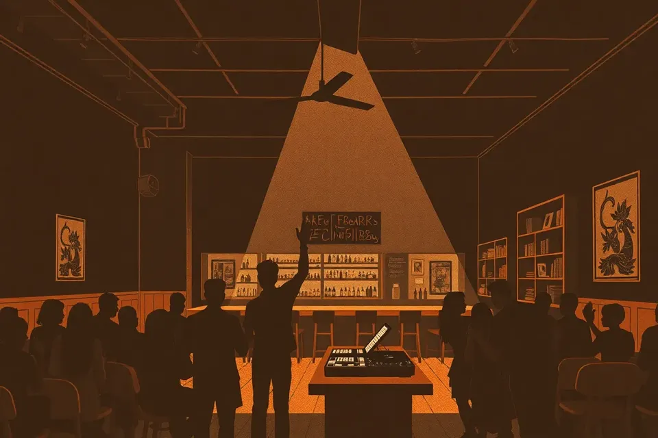 A moody, wide shot of a vintage café interior at night, with a few small figures gathered around a DJ booth, the space lit by warm, low lights.