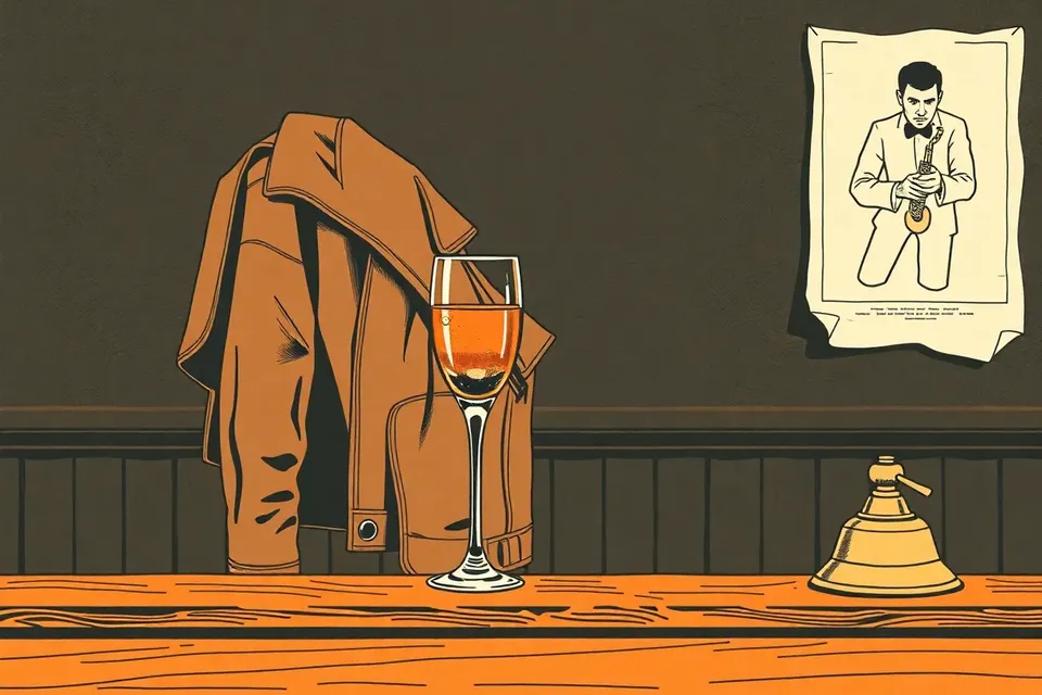 A still life illustration of a leather jacket on a bar stool, a glass of whiskey, and a brass bell on a wooden counter, with a faded jazz poster on the wall.