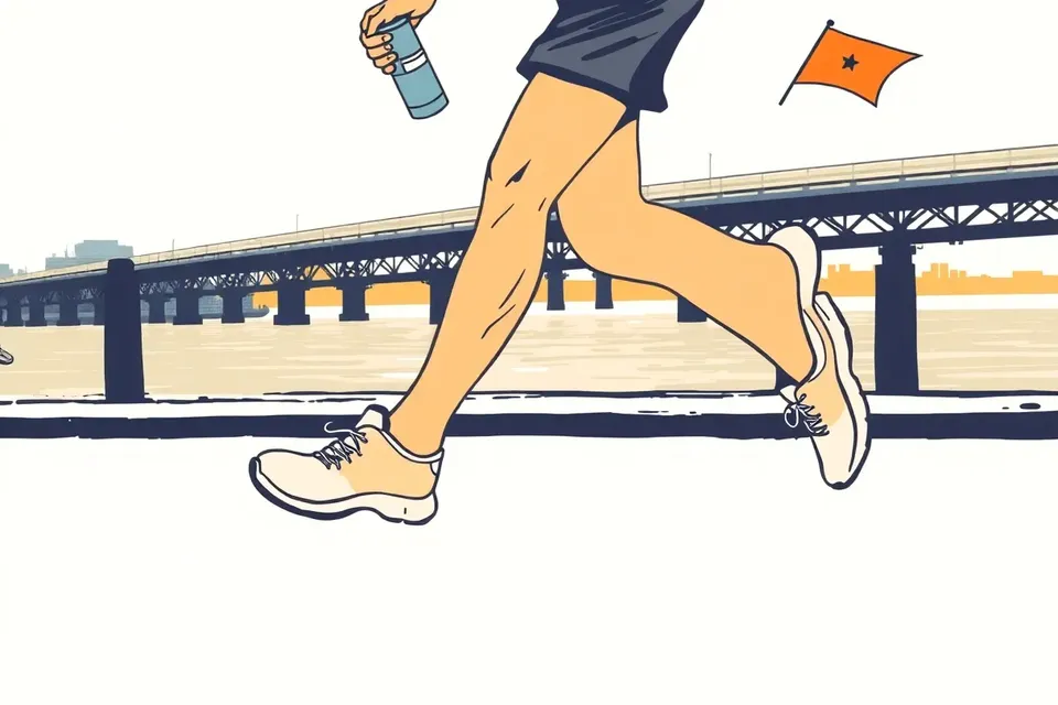 Illustration of a runner's legs and sneakers in motion on a wet street near a river at dawn, holding a water bottle and a small patterned flag, with a subtle city skyline in the background.