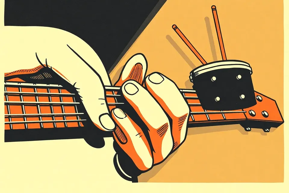 Close-up of a guitar fretboard with fingers pressing chords, a distortion pedal in the corner, and a drumstick frozen mid-air under sharp stage lights.