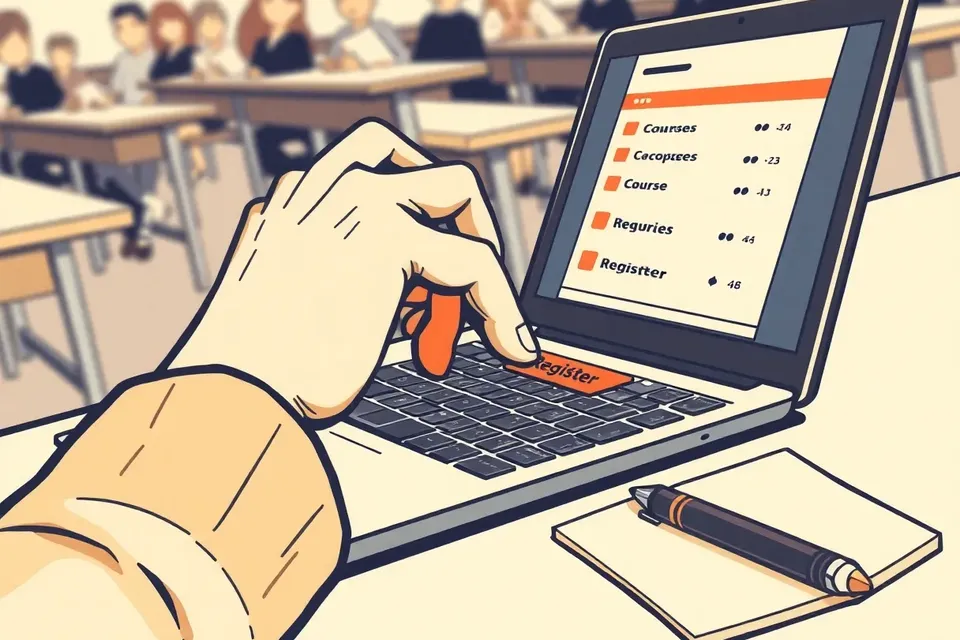 A student's hand on a laptop trackpad, with a course registration screen visible, in a classroom setting with desks and notebooks.