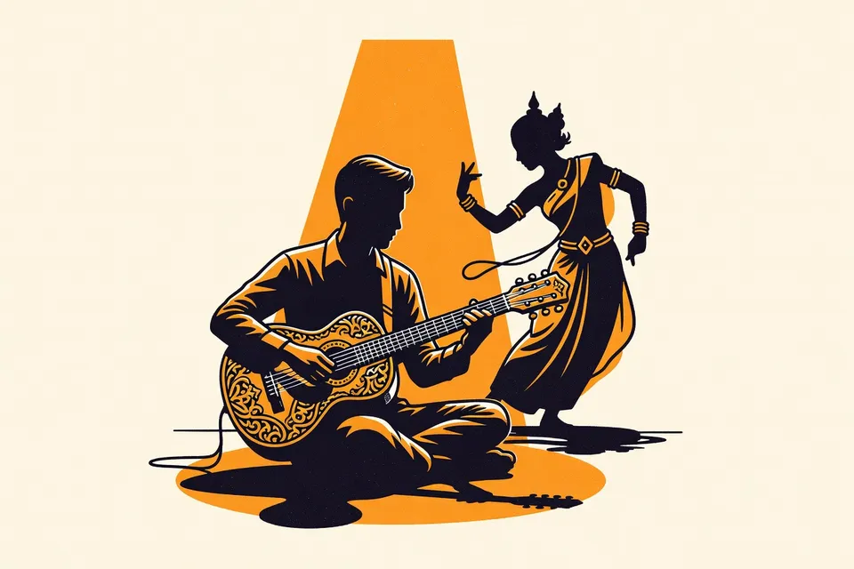 A guitarist on stage holds a Thai phin guitar under a spotlight, with a dancer's silhouette in traditional costume moving gracefully in the background.