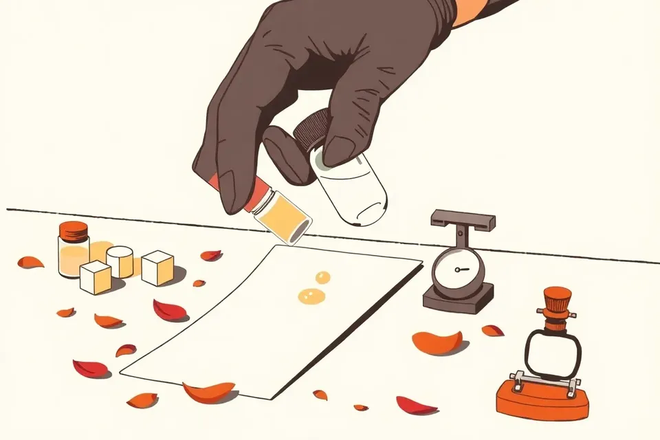 A close-up of a gloved hand holding a glass vial over a paper strip, with lipstick molds and a scale on a lab table, surrounded by petals and vials.