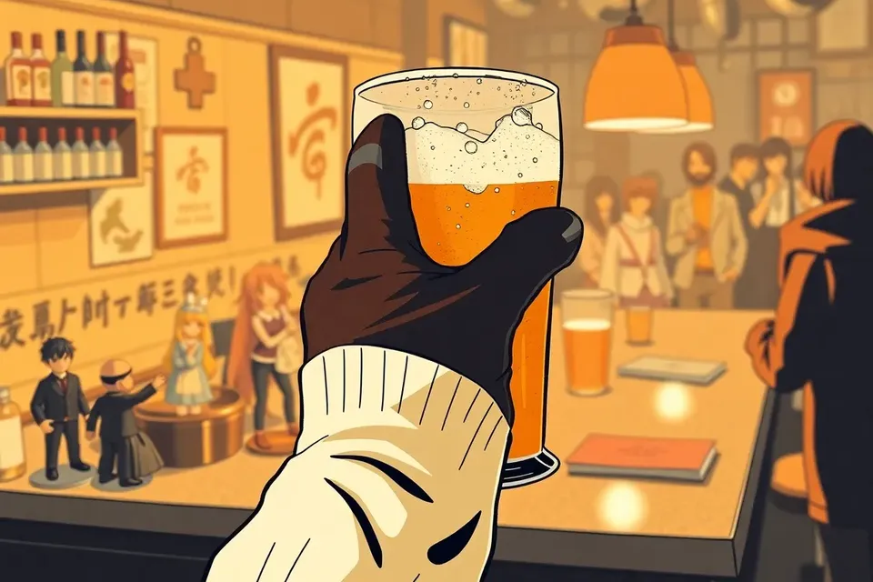 A close-up of a hand in a fingerless glove holding a frosted beer glass, with blurred anime figurines and cosplay props in the background, evoking a lively private party.