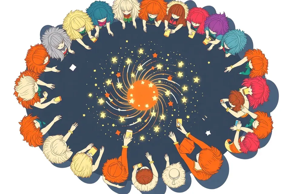 An overhead view of a cosplay party, with colorful wigs and props arranged in a circle, figures reaching inward, and glowing phone lights scattered like stars.