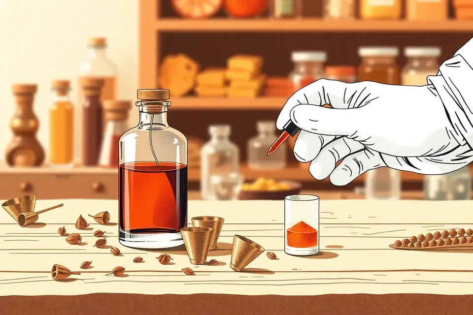 Close-up of a glass perfume vial with amber liquid on a wooden bench, surrounded by dried flowers and brass tools, with a gloved hand holding a dropper.