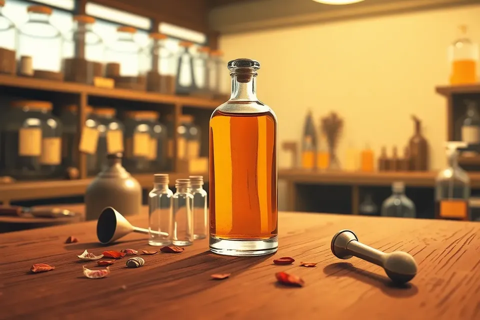 Close-up of a glass perfume bottle with amber liquid on a wooden workbench, surrounded by vials, a brass funnel, and scattered dried petals, with blurred shelves of jars in the background.