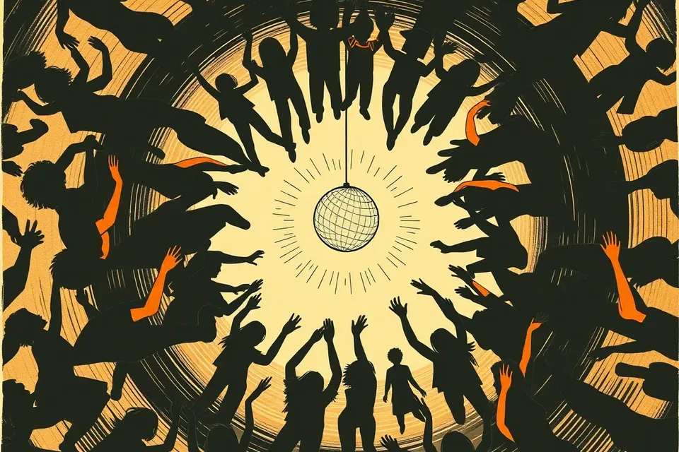 An overhead illustration of a dance floor with silhouetted figures arranged in a circular pattern, evoking the energy of a nightclub event.